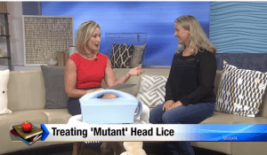 Lice clinics of america technician on couch with news anchor during interview